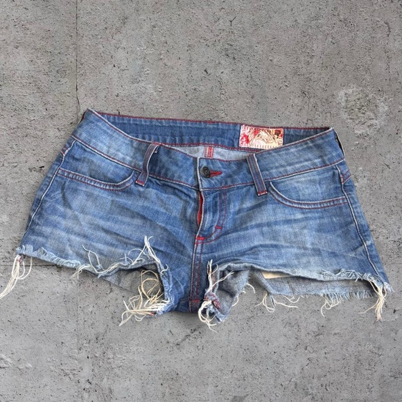 Blue/Red LOW-RISE Y2K Denim Shorts - Picture 2 of 5